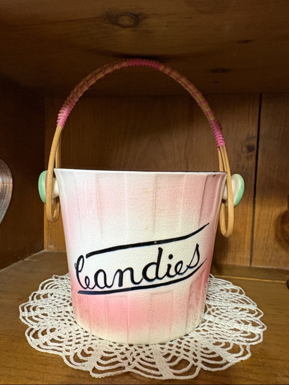 Vintage Lipper & Mann Pink Candies Bucket with Wrapped Rattan Handle 1950s